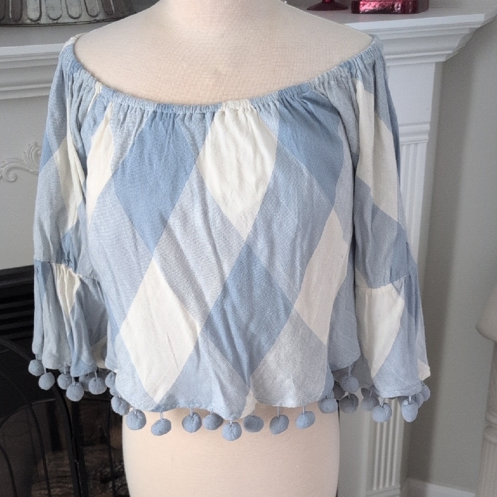 Tularosa Blue and Cream Checkered Off-Shoulder Blouse With Pom Pom Detail Size S